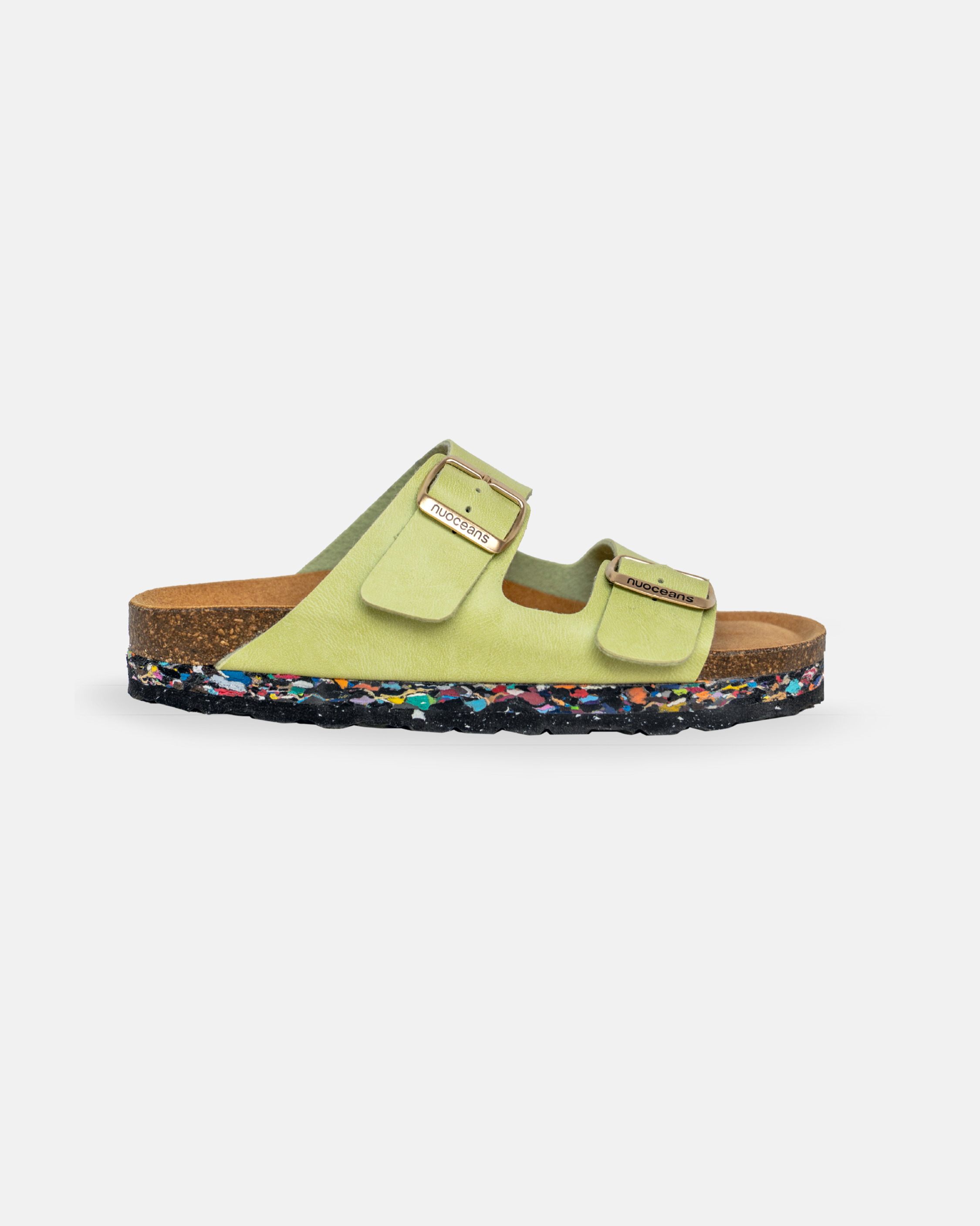 A seafoam green sandal with adjustable straps and a colorful midsole made from recycled materials, featuring a signature logo buckle.