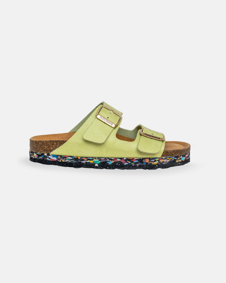 A seafoam green sandal with adjustable straps and a colorful midsole made from recycled materials, featuring a signature logo buckle.